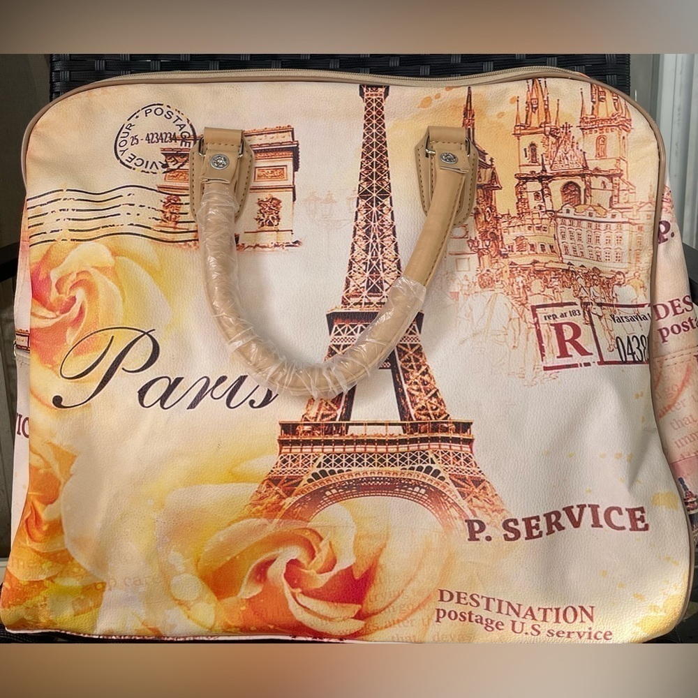 Women’s Bag,Paris Print Women's Bag - Tan and Cream,travel Bag, - Picture 5 of 11